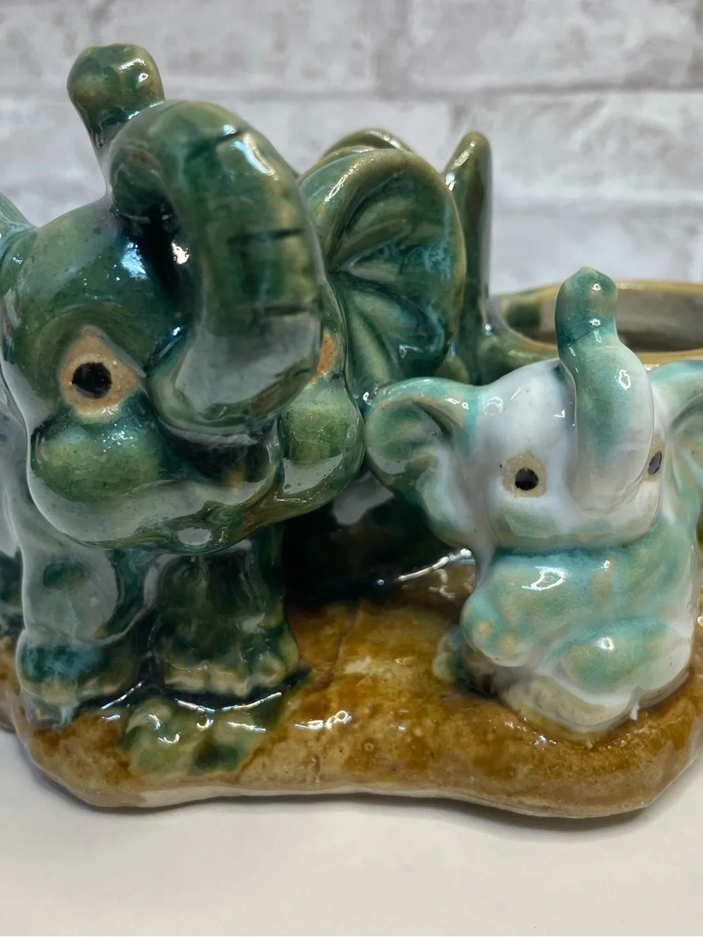 Vintage Majolica Lucky Elephant Double Planter Trunks Up Ceramic Rare HTF 6”